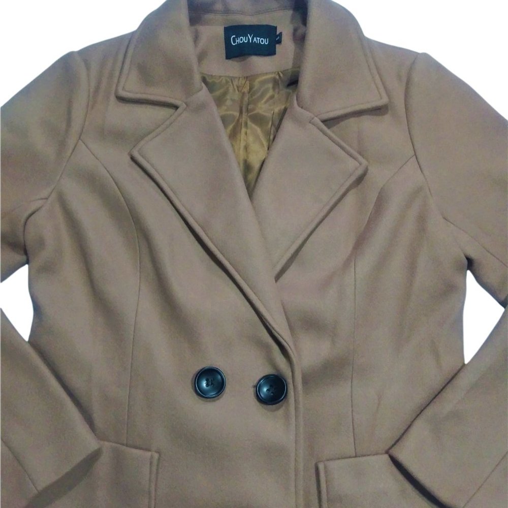 Chouyatou Women Elegant Notched Collar Double Breasted Wool Blend Over Coat (S) - Picture 2 of 11